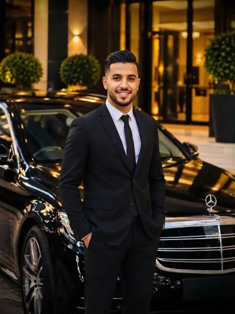 Chauffeur de taxi souriant devant sa berline noire