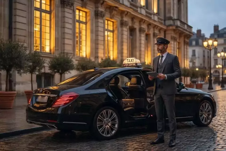 Taxi Lille Achicourt : chauffeur en tenue près d’un taxi noir stationné sur une place pavée