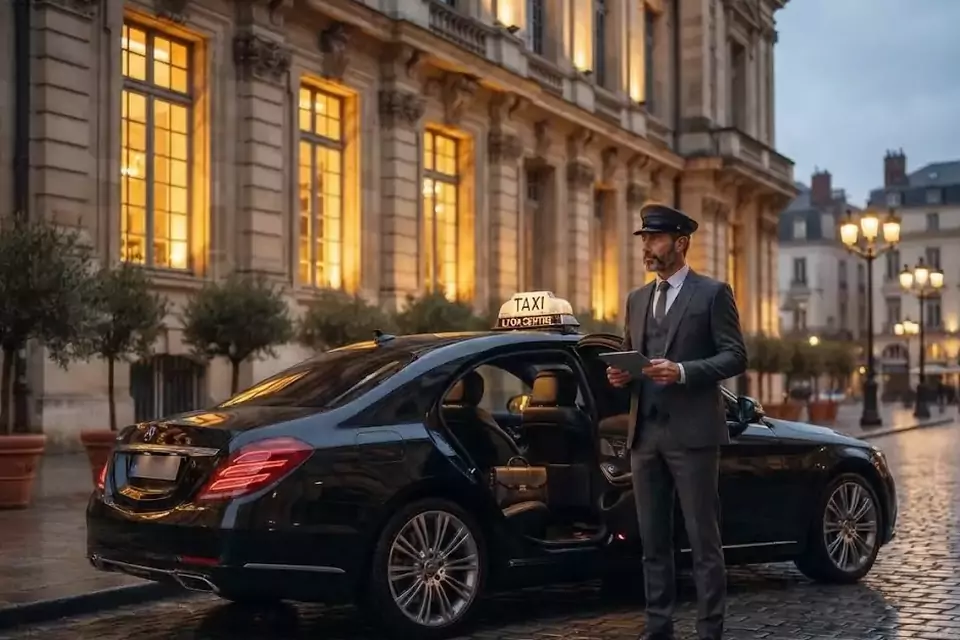 Taxi Lille Amiens : chauffeur en tenue près d’un taxi noir stationné sur une place pavée