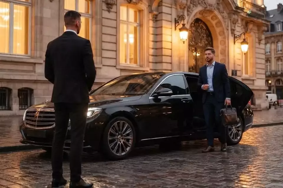 Taxi Lille Anstaing : chauffeur de taxi accueillant un client devant une berline noire