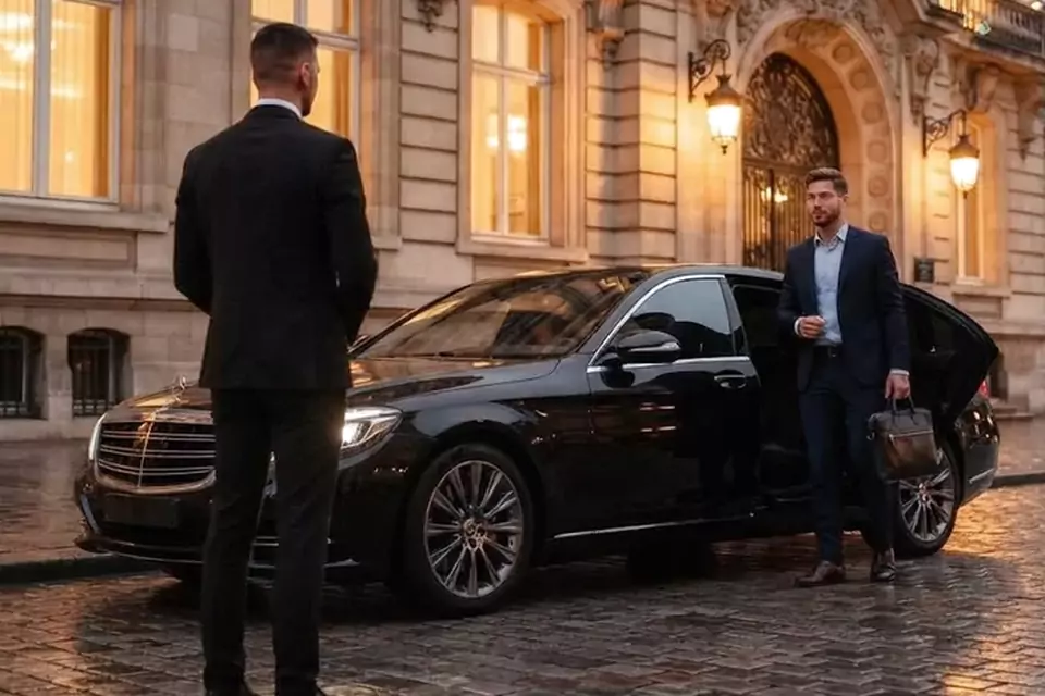 Taxi Lille Anzin-Saint-Aubin : chauffeur et client devant un taxi noir en centre-ville