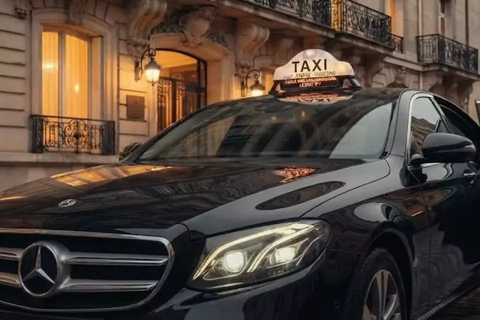 Taxi Lille Aubigny-en-Artois : berline noire avec enseigne taxi devant une façade éclairée