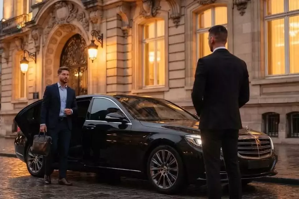 Taxi Lille Auchel : chauffeur de taxi accueillant un client devant une berline noire