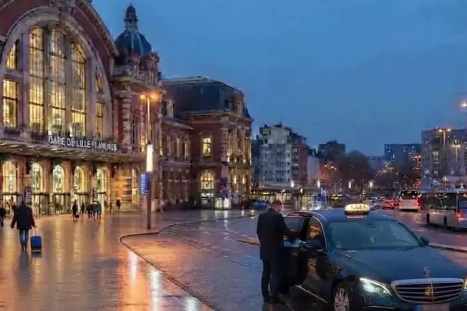 Taxi Lille Audruicq : taxi noir stationné devant une gare en soirée