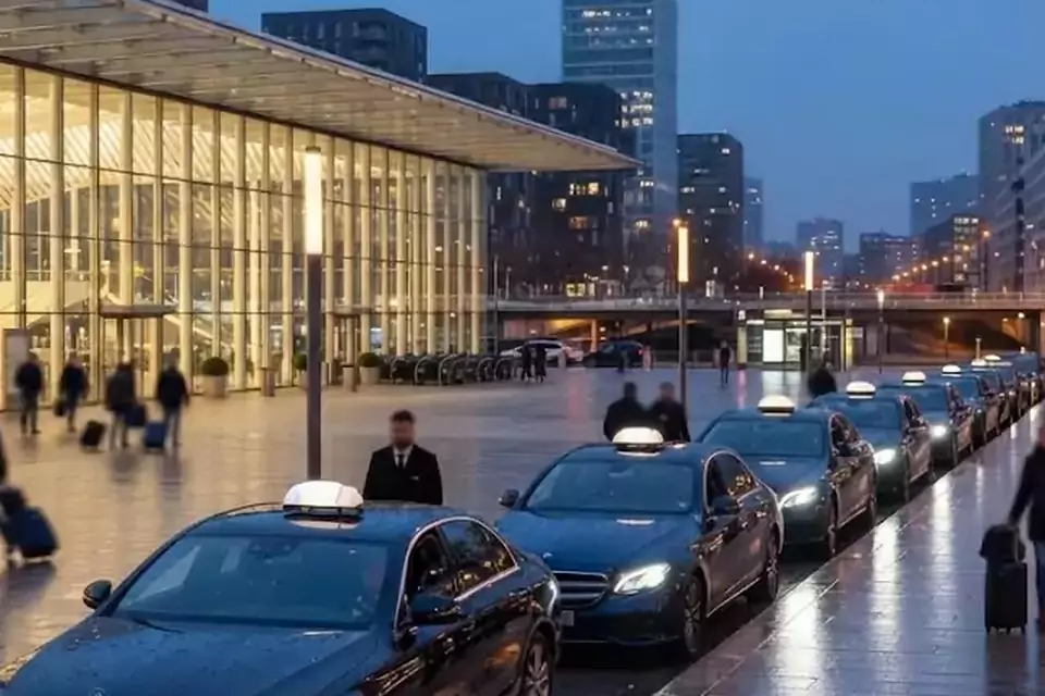 Taxi Lille Aulnoy-lez-Valenciennes : file de taxis noirs à la sortie d’une gare le soir