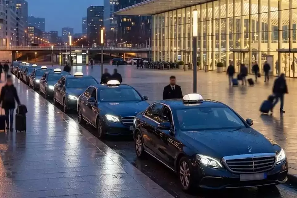 Taxi Lille Avion : taxis noirs alignés devant une gare, prêts à prendre en charge des voyageurs