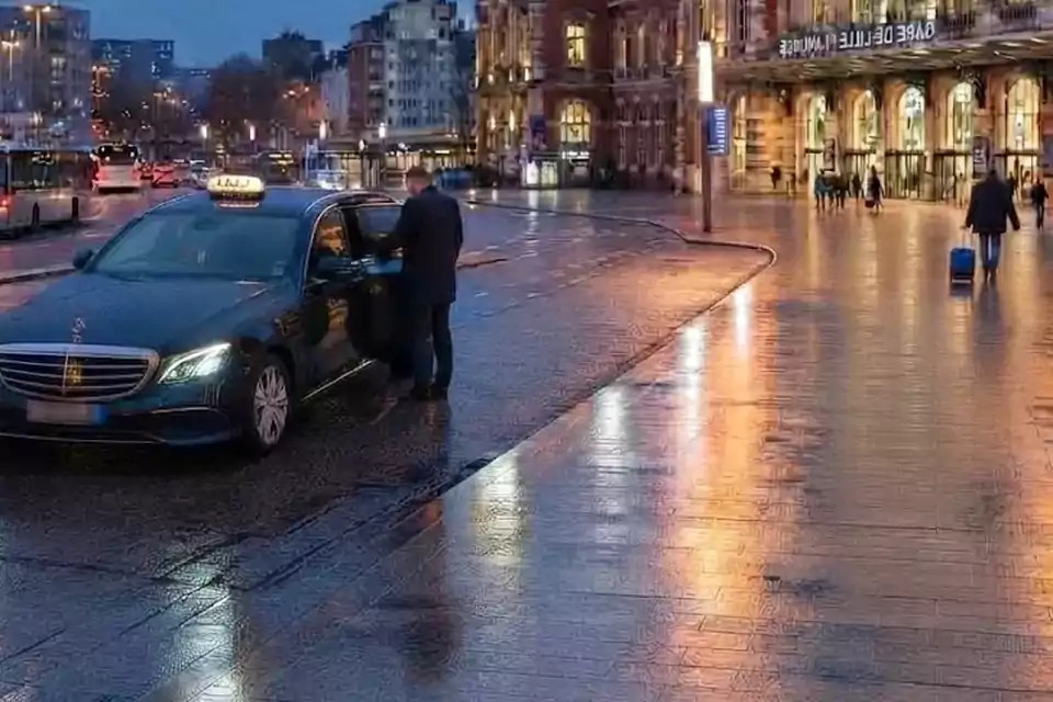Taxi Lille Baisieux : chauffeur ouvrant la portière d’un taxi devant une gare