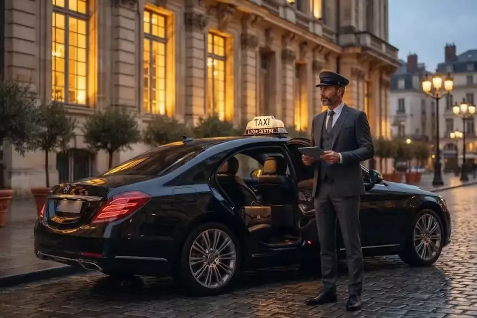 Taxi Lille Bapaume : chauffeur en tenue près d’un taxi noir stationné sur une place pavée
