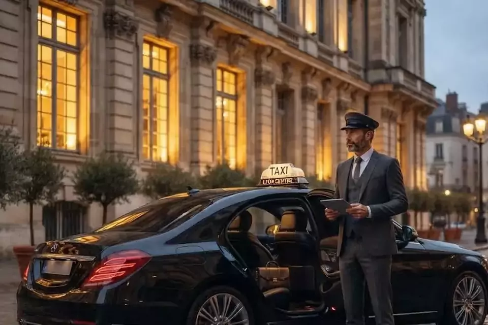 Taxi Lille Barlin : chauffeur en tenue près d’un taxi noir stationné sur une place pavée