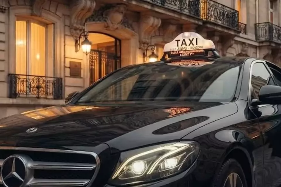 Taxi Lille Bavay : berline noire avec enseigne taxi devant une façade éclairée