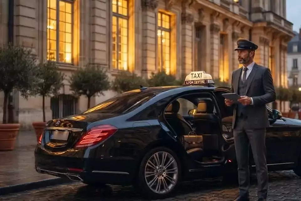 Taxi Lille Berck : chauffeur en tenue près d’un taxi noir stationné sur une place pavée