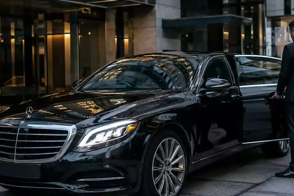 Taxi Lille Boussois : chauffeur ouvrant la portière d’une berline noire devant un hôtel