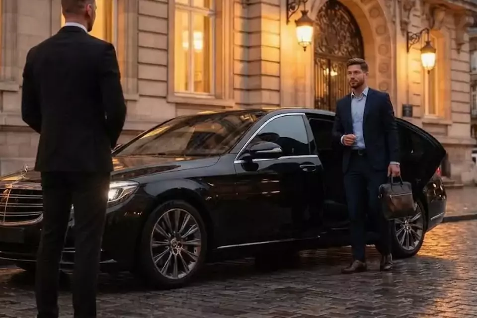 Taxi Lille Bruges : chauffeur de taxi accueillant un client devant une berline noire