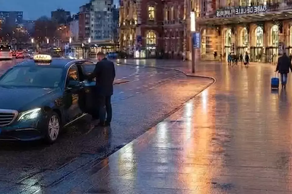 Taxi Lille Calonne-Ricouart : chauffeur ouvrant la portière d’un taxi devant une gare