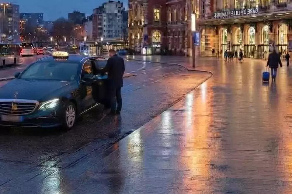 Taxi Lille Cambrin : chauffeur ouvrant la portière d’un taxi devant une gare