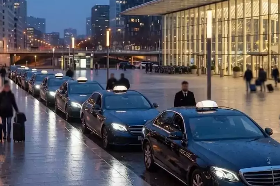 Taxi Lille Cappelle-la-Grande : file de taxis noirs à la sortie d’une gare le soir