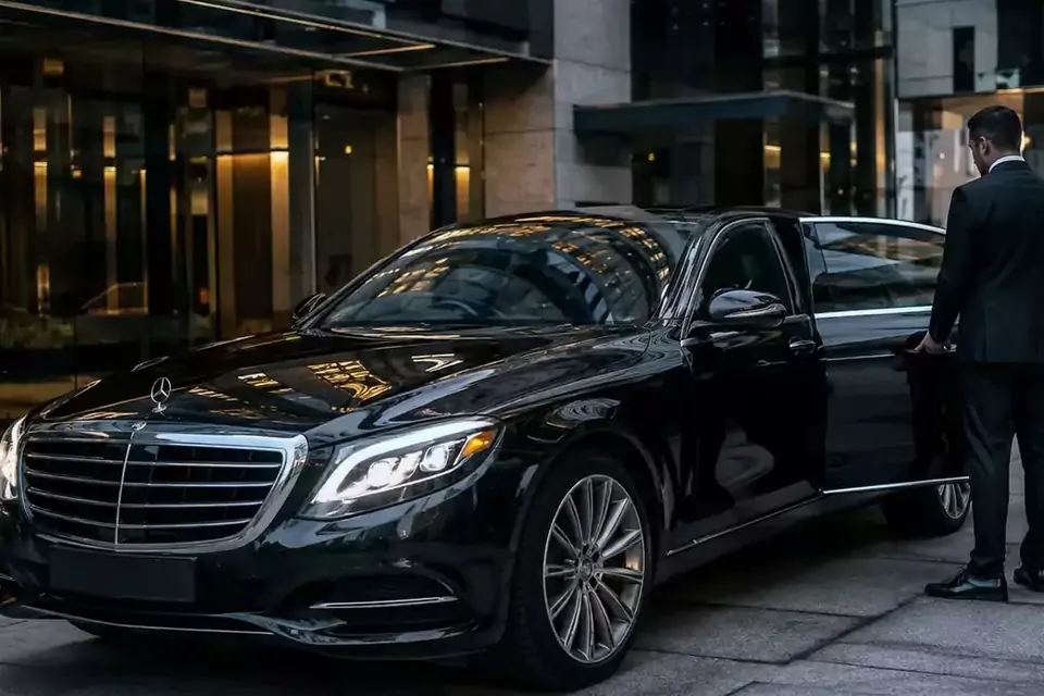 Taxi Lille Chocques : chauffeur ouvrant la portière d’une berline noire devant un hôtel