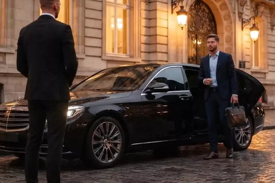 Taxi Lille Comines : chauffeur et client devant un taxi noir en centre-ville
