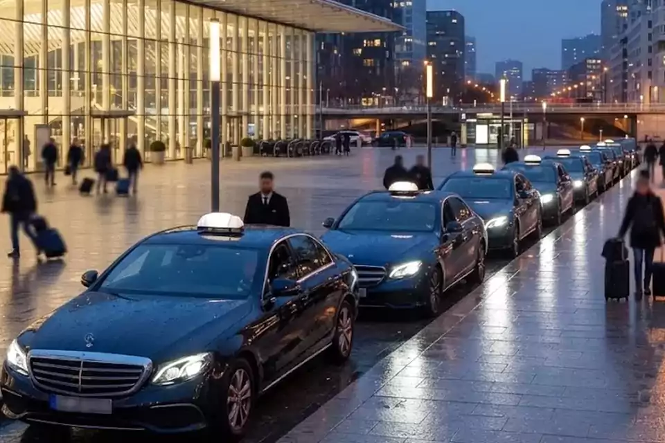 Taxi Lille Courrières : taxis noirs alignés devant une gare, prêts à prendre en charge des voyageurs