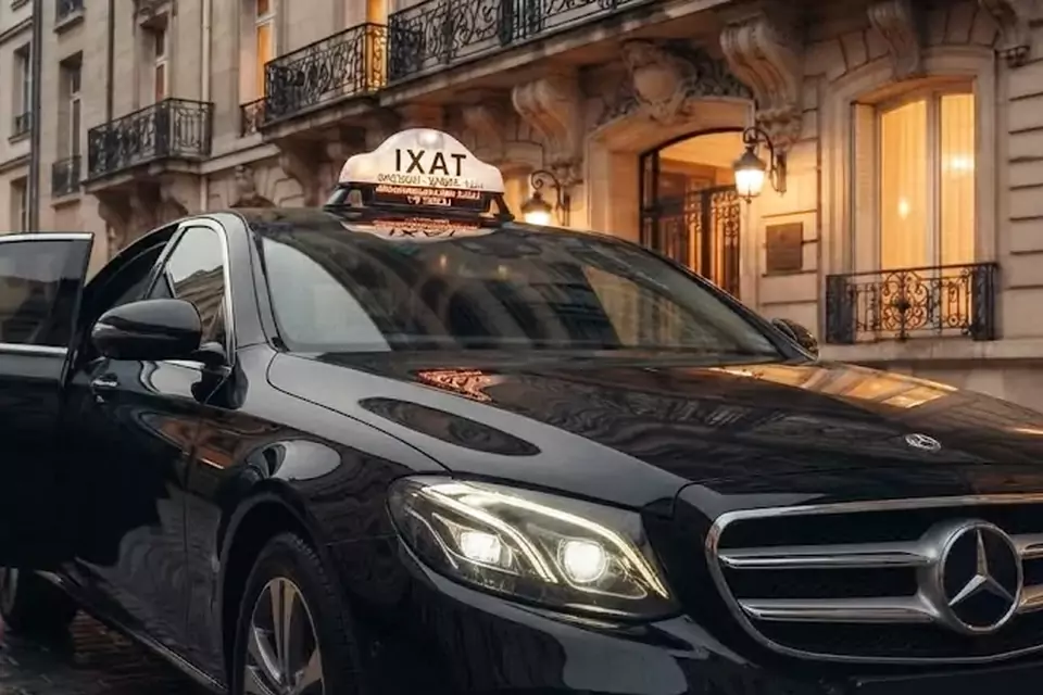Taxi Lille Croisilles : berline noire avec enseigne taxi devant une façade éclairée