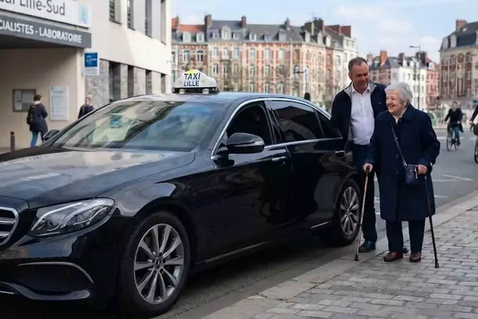 Taxi Lille Cysoing : chauffeur de taxi aidant une passagère devant un centre médical