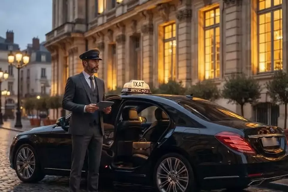 Taxi Lille Divion : chauffeur en tenue près d’un taxi noir stationné sur une place pavée