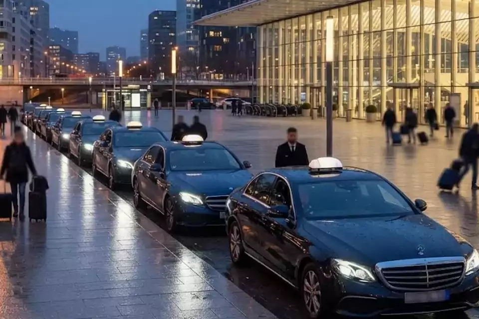 Taxi Lille Douchy-les-Mines : taxis noirs alignés devant une gare, prêts à prendre en charge des voyageurs