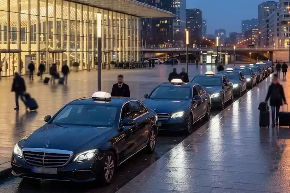 Taxi Lille Dourges : taxis noirs alignés devant une gare, prêts à prendre en charge des voyageurs