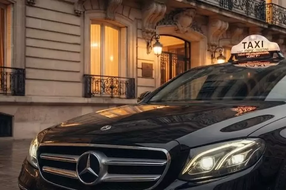 Taxi Lille Ennevelin : berline noire avec enseigne taxi devant une façade éclairée