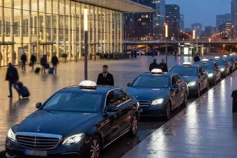 Taxi Lille Equihen-Plage : taxis noirs alignés devant une gare, prêts à prendre en charge des voyageurs