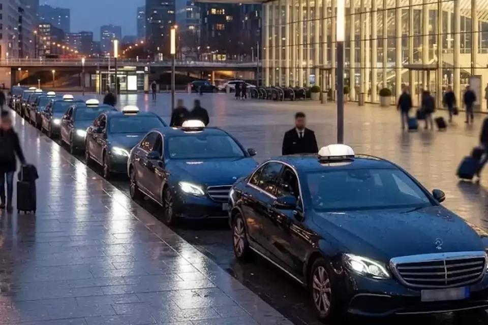 Taxi Lille Escaudoeuvres : taxis noirs alignés devant une gare, prêts à prendre en charge des voyageurs