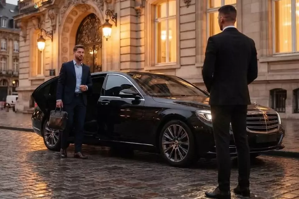 Taxi Lille Estaires : chauffeur et client devant un taxi noir en centre-ville