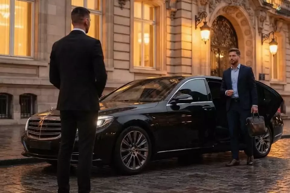 Taxi Lille Evin-Malmaison : chauffeur de taxi accueillant un client devant une berline noire