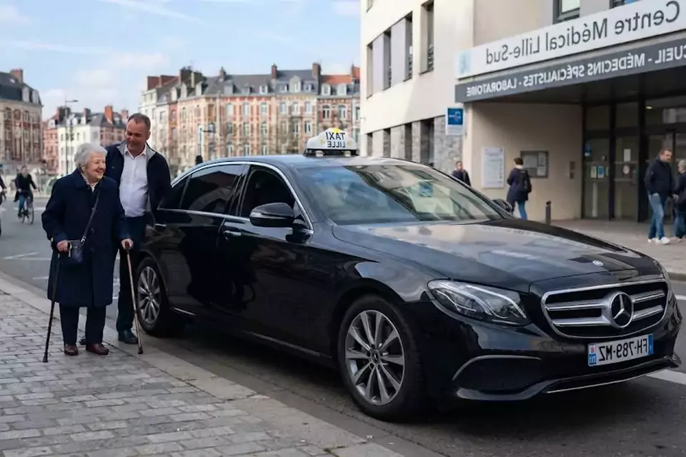 Taxi Lille Ferrière-la-Grande : chauffeur de taxi aidant une passagère devant un centre médical