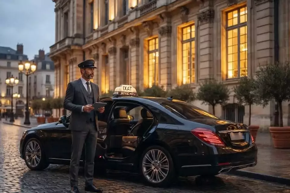 Taxi Lille Fourmies : chauffeur en tenue près d’un taxi noir stationné sur une place pavée