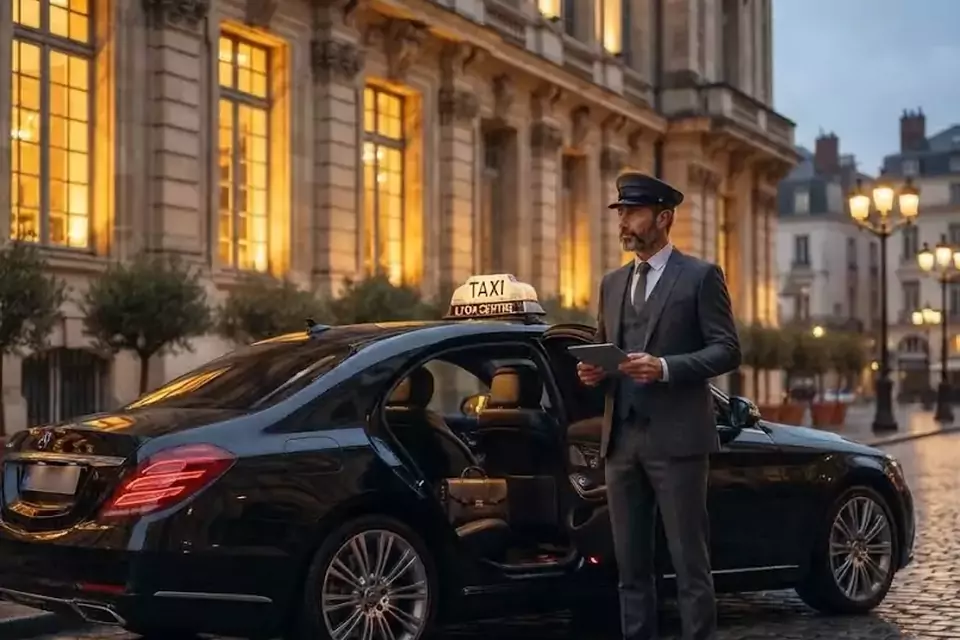 Taxi Lille Fresnes-sur-Escaut : chauffeur en tenue près d’un taxi noir stationné sur une place pavée