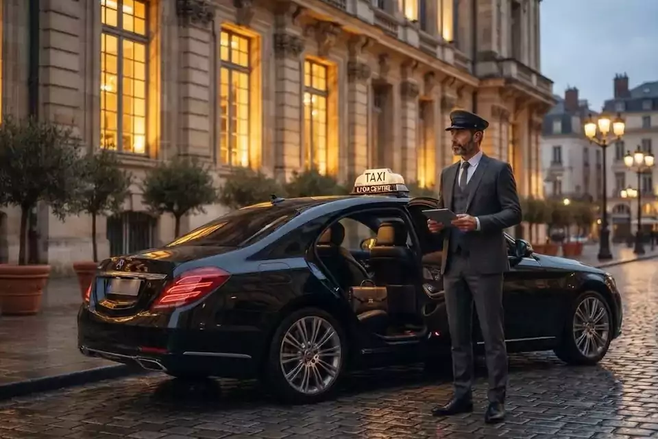 Taxi Lille Genech : chauffeur en tenue près d’un taxi noir stationné sur une place pavée