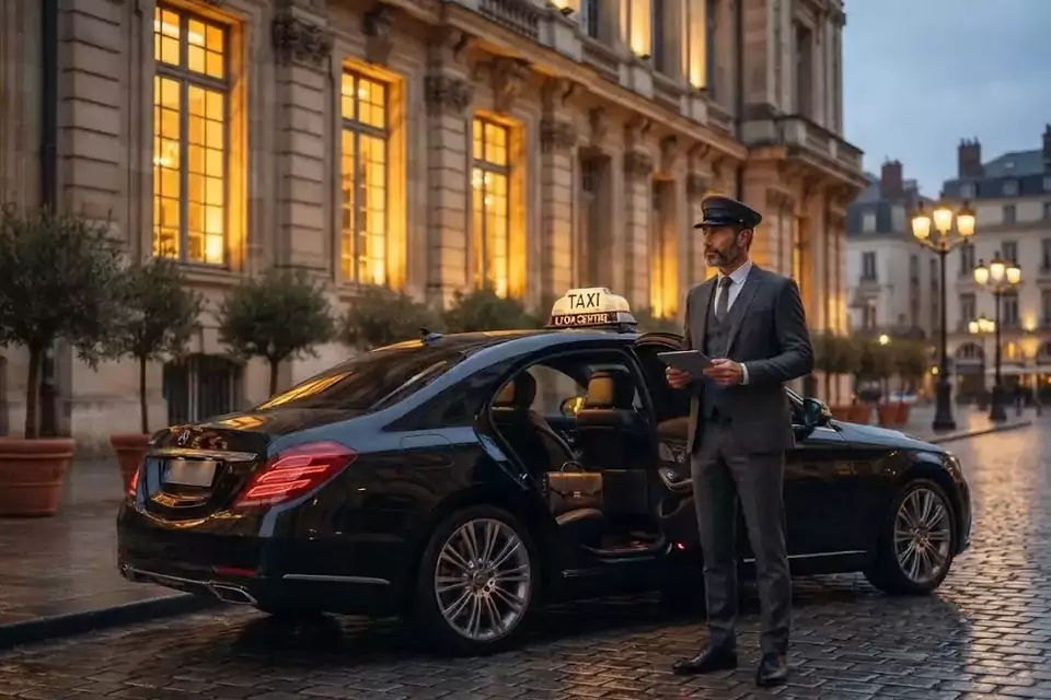 Taxi Lille Godewaersvelde : chauffeur en tenue près d’un taxi noir stationné sur une place pavée