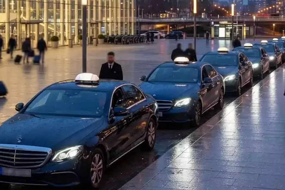 Taxi Lille Grand-Fort-Philippe : taxis noirs alignés devant une gare, prêts à prendre en charge des voyageurs