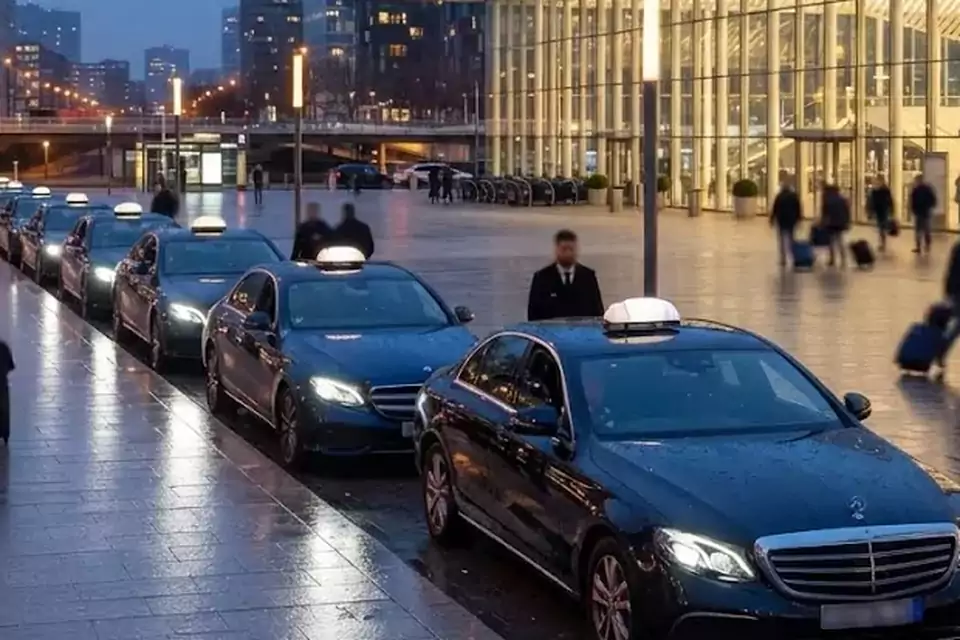 Taxi Lille Grande-Synthe : taxis noirs alignés devant une gare, prêts à prendre en charge des voyageurs