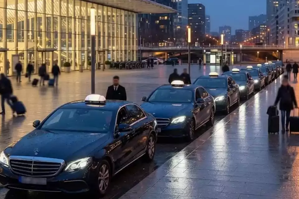 Taxi Lille Gravelines : taxis noirs alignés devant une gare, prêts à prendre en charge des voyageurs