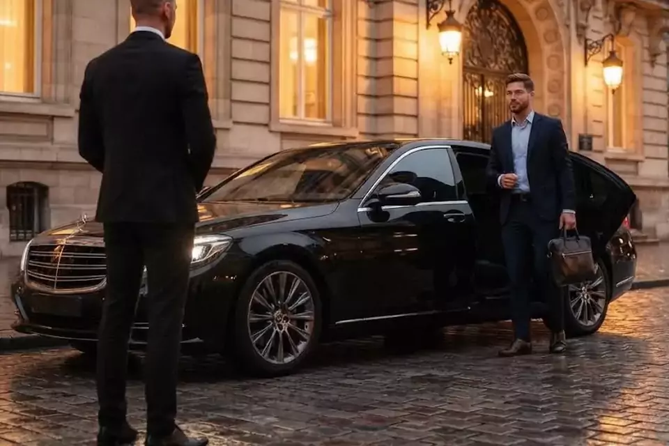 Taxi Lille Guînes : chauffeur de taxi accueillant un client devant une berline noire