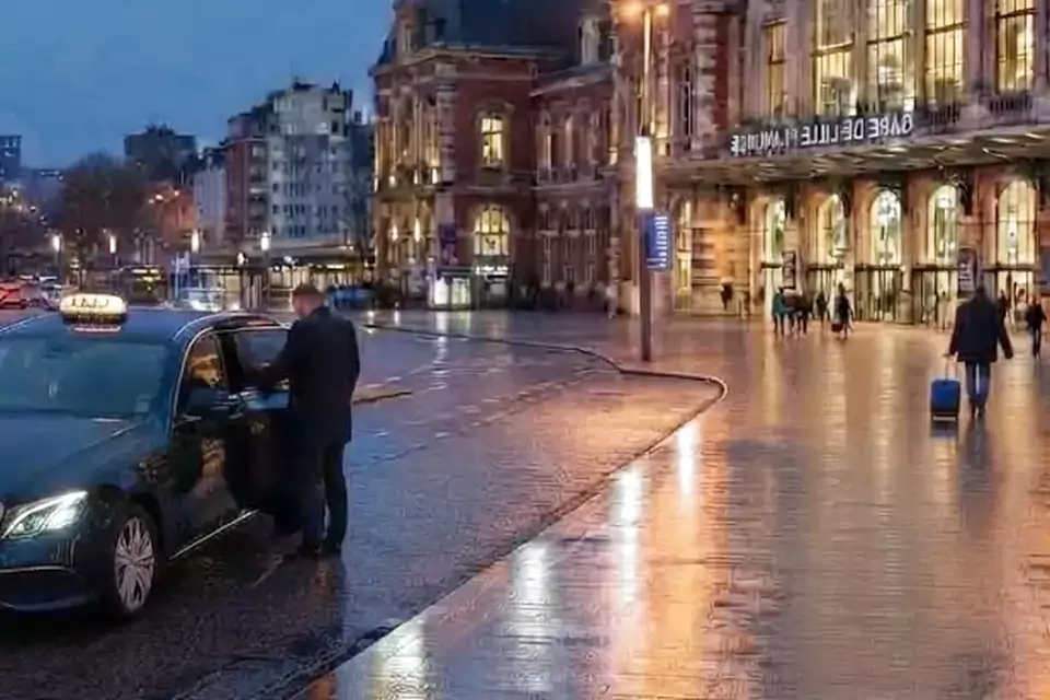 Taxi Lille Houdain : taxi noir stationné devant une gare en soirée