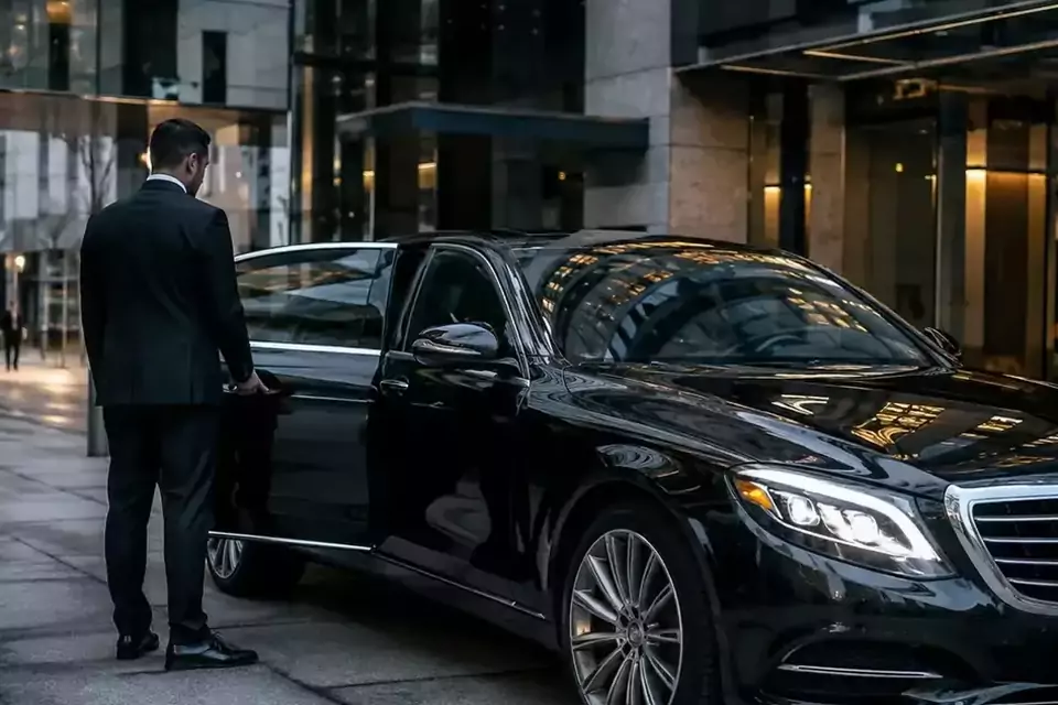 Taxi Lille Houplines : chauffeur ouvrant la portière d’une berline noire devant un hôtel