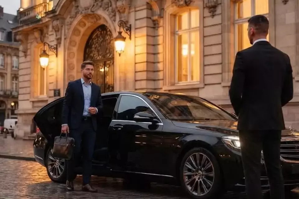 Taxi Lille Iwuy : chauffeur de taxi accueillant un client devant une berline noire
