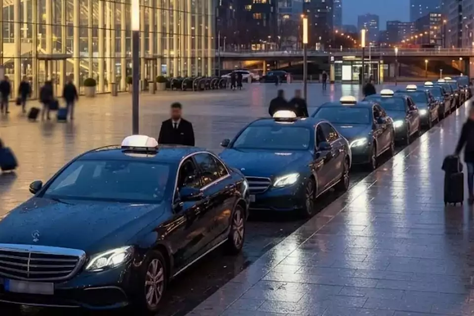 Taxi Lille Jeumont : taxis noirs alignés devant une gare, prêts à prendre en charge des voyageurs