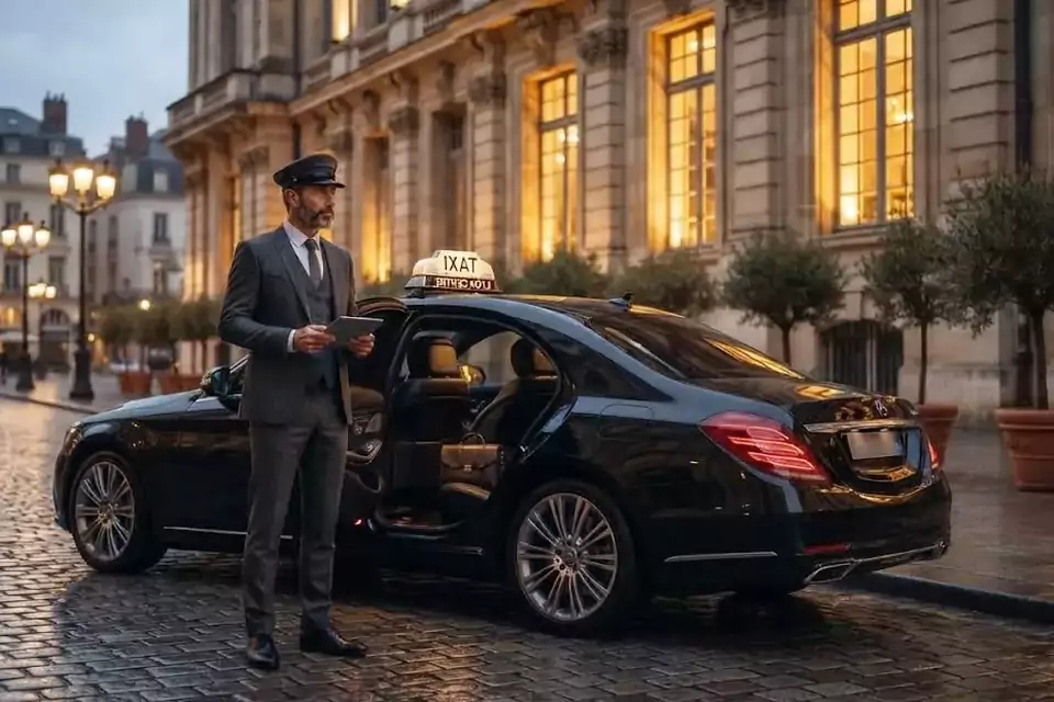 Taxi Lille La Gorgue : chauffeur en tenue près d’un taxi noir stationné sur une place pavée