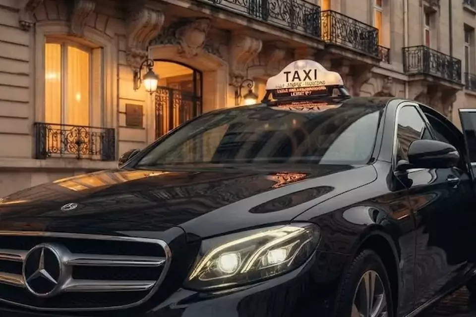 Taxi Lille Lambres-lez-Douai : berline noire avec enseigne taxi devant une façade éclairée