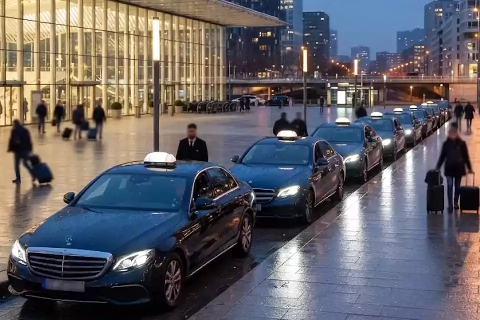 Taxi Lille Leers : taxis noirs alignés devant une gare, prêts à prendre en charge des voyageurs