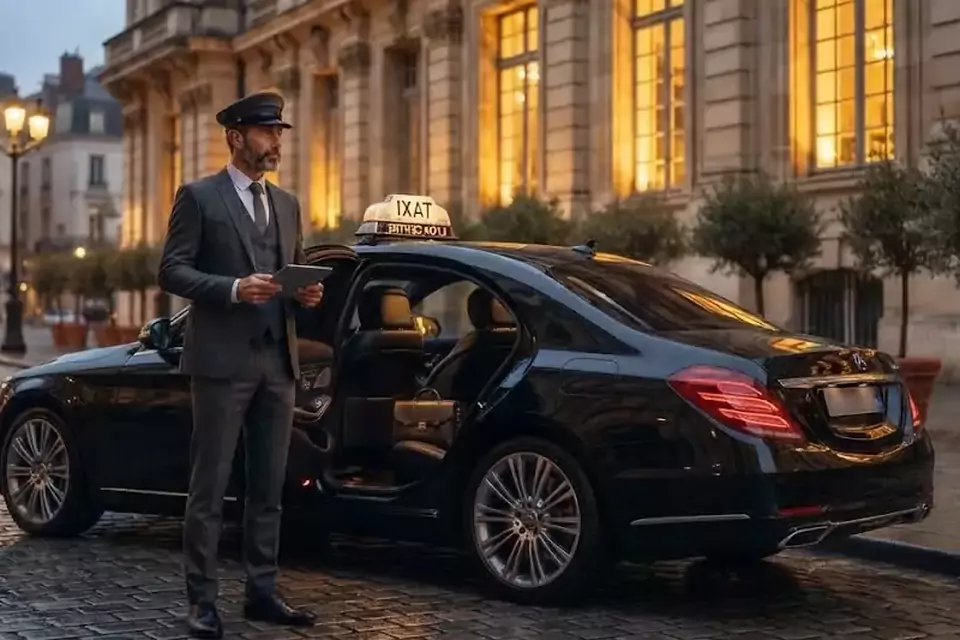 Taxi Lille Les Attaques : chauffeur en tenue près d’un taxi noir stationné sur une place pavée